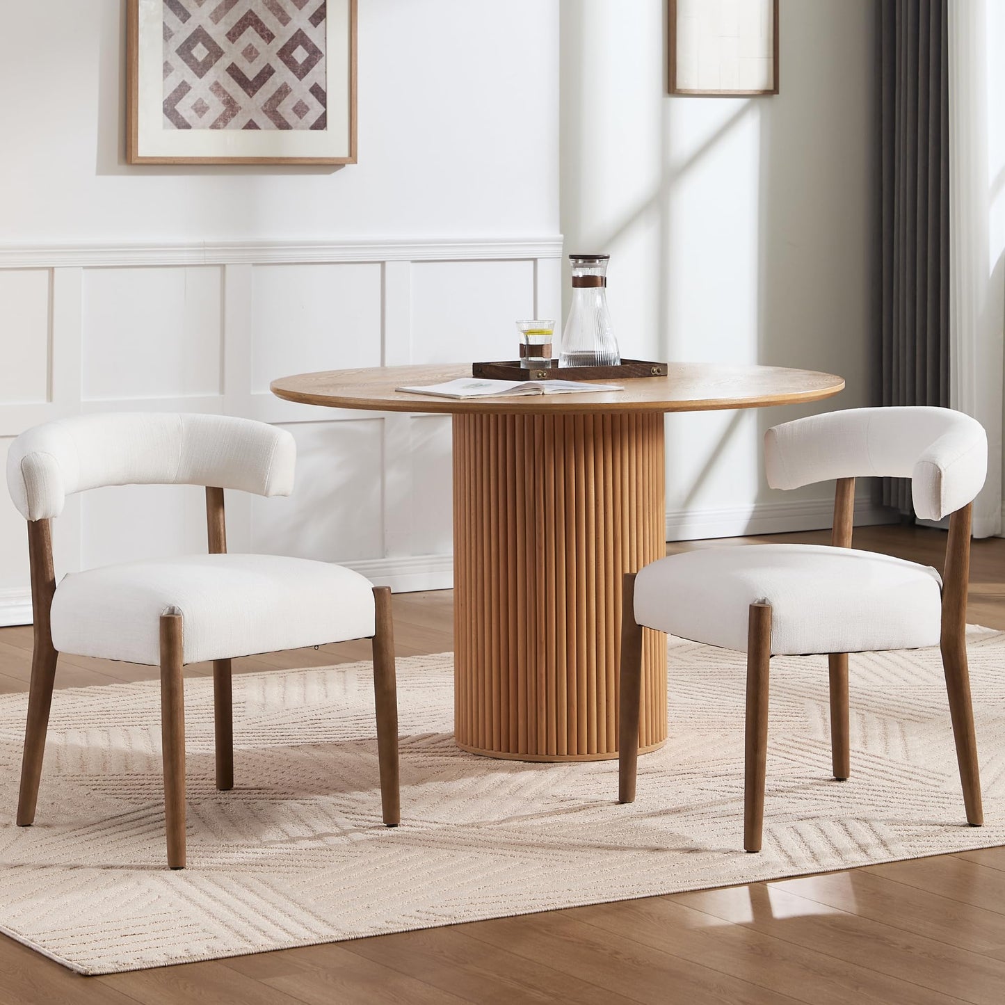 Janoray Dining Chairs Set of 2,Mid Century Modern Living Room Chairs with Unique Curved Open Back Comfy Upholstered Side Chair for Kitchen/Restaurant/Reception,Linen Beige