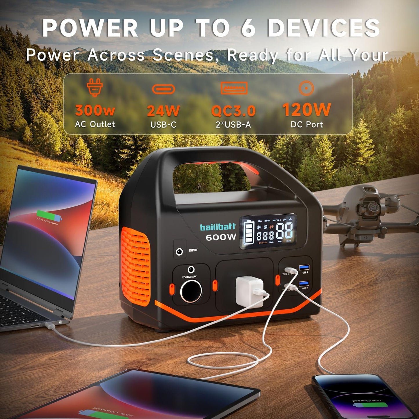 BailiBatt 300W Portable Power Station, 266Wh Solar Generator with 7 Outputs & Dual USB-C PD (24W+18W), 110V Pure Sine Wave AC, 6.5lb Lightweight Battery Backup for Camping, CPAP RV Home Blackout