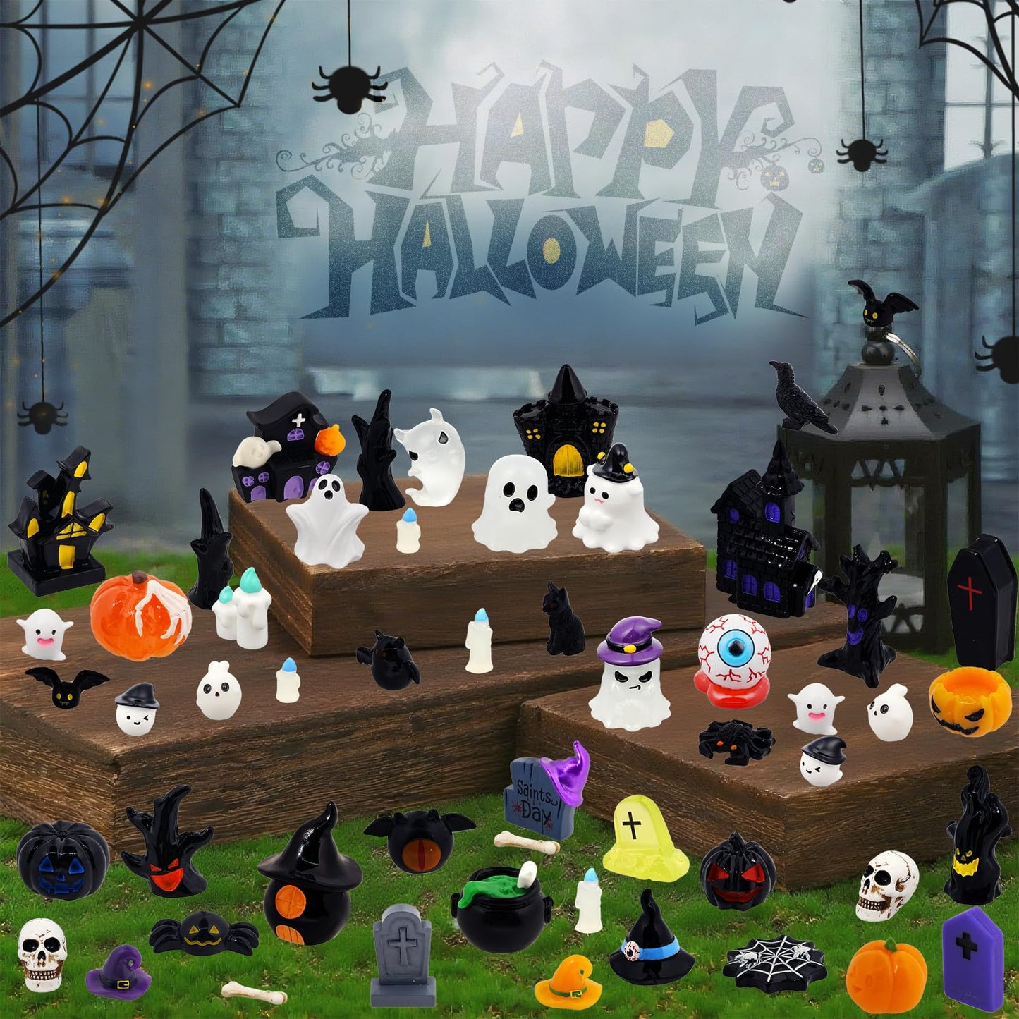 Bbiamsleep 54 Pcs Halloween Mini Resin Figurines Miniature Pumpkin Ghost Skull Tiny Resin Animals to Hide for Halloween Party Fairy Garden Decor