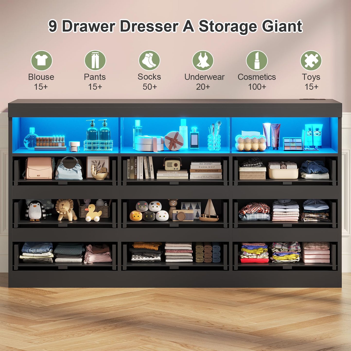 BTHFST 9 Drawer Dresser Chest of Drawers with RGB Lights, Power Outlet & Open Shelves, 56.7" W Wood Bedroom Dresser, No-Handle for Living Room Entryway, Black