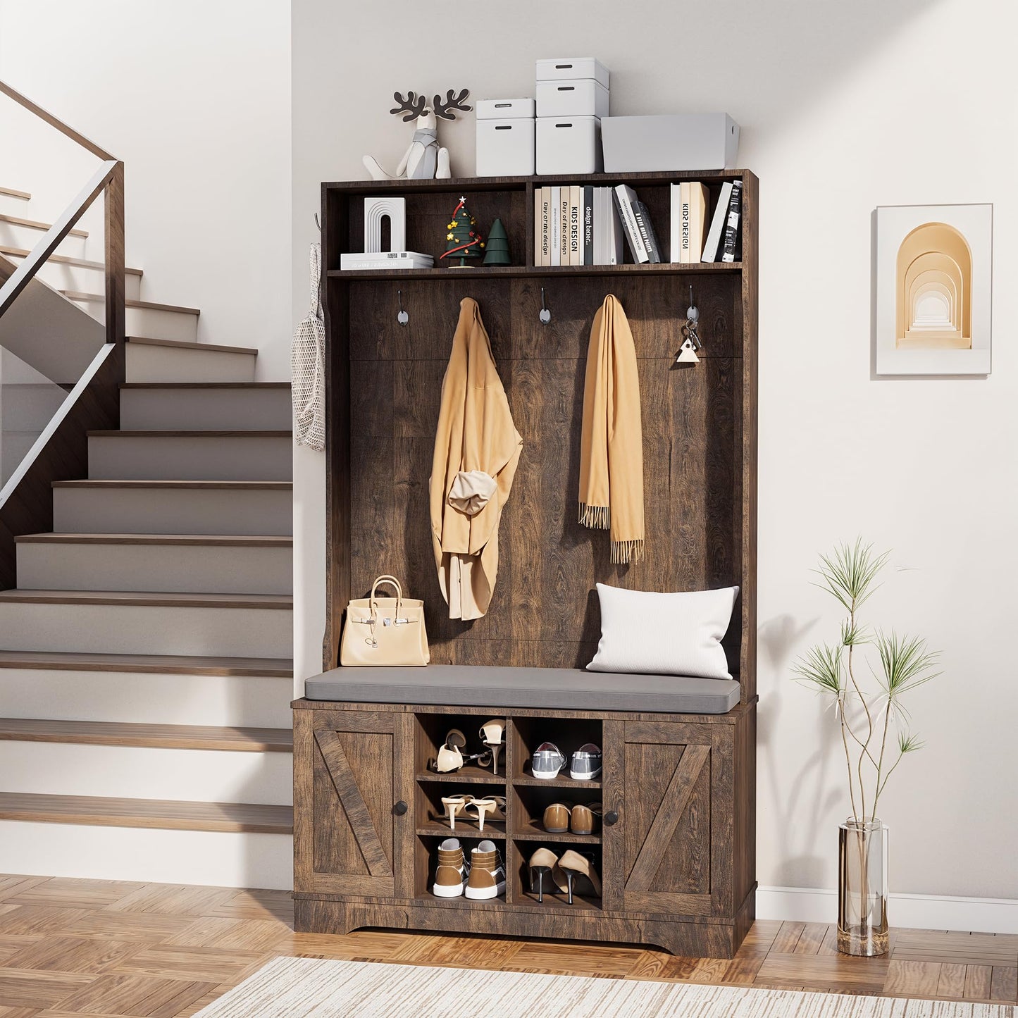 spanspace 71" Hall Tree with Bench and Shoe Storage, Entryway Hall Tree with 2 Doors and 6 Adjustable Shelves, Cushioned Mudroom Storage Bench with Coat Rack for Hallway and Living Room