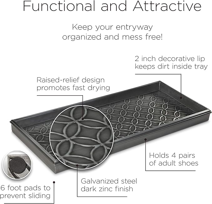 Good Directions Medium Boot Tray, Double Circles Multi-Purpose All Weather Decorative Tray, Shoes, Plants, Pet Bowls, 30x13x2 Inch, Dark Zinc Gray Steel