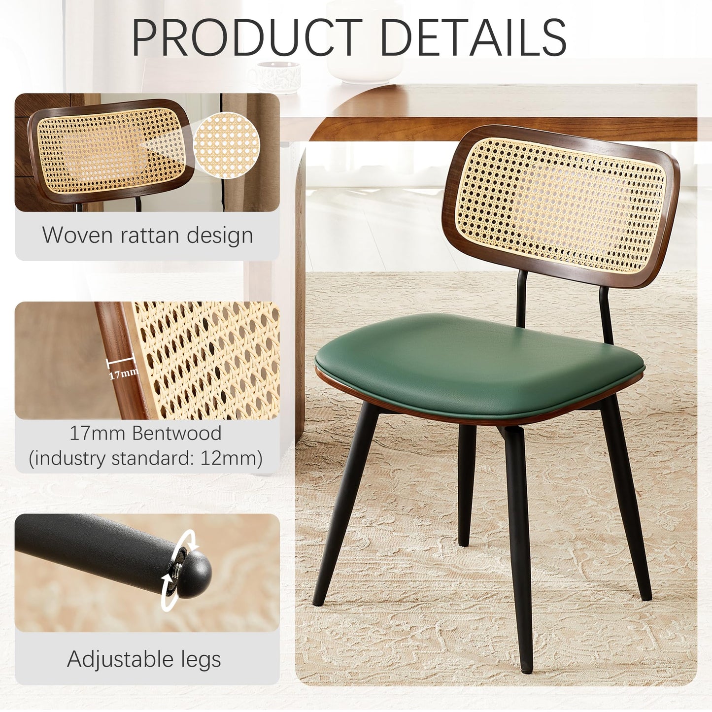Dining Chairs, Swivel Dining Chairs Set of 2, Faux Leather & Rattan Walnut Dining Room Chairs, Bentwood & Metal Frame Upholstered Chairs with 360°Rotation, Modern Kitchen/Living Room Chairs (Green)