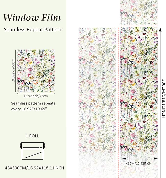 Rainbow Suncatcher Floral Window Film, Privacy Iridescent Static Cling Double-Sided Decals for Window Door Glass Decor, Spring Colorful Flower, 118.11" x 16.93"