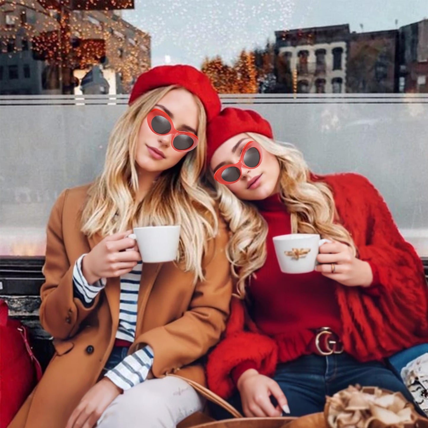 SAISISAIKER 4 Pcs French Beret Hat Scarf Gloves Sunglasses for Women, 50s French Mime Costume Kit for Women Dress Up on Halloween Parties (Red)
