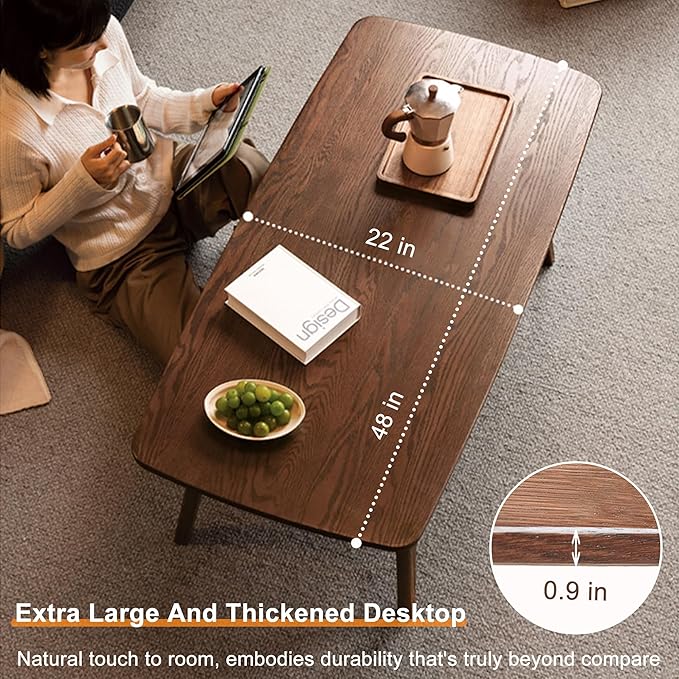 QKFF Modern Solid Wood Coffee Table, 2-Tier Small Wooden Coffee Table with Storage Shelf for Living Room, Apartment, Office, Walnut (48''D x 22''W x 18''H)