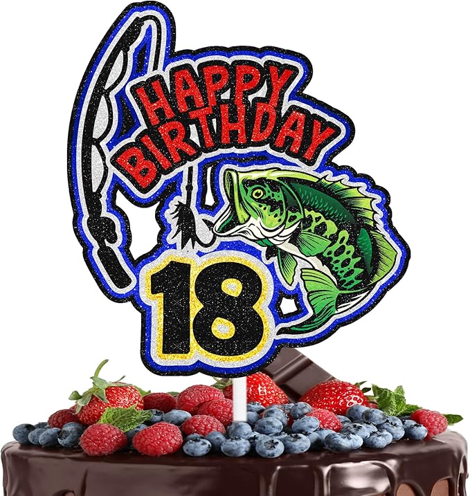Fishing Cake Topper 18th Birthday Happy Bass Big Fish Decorations, Lake Adventure Fishing Rod Theme Birthday Party for Men...