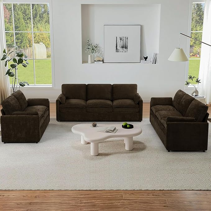 ACMEASE 3 Pieces Chenille Sofa Set w/Arm Pillows, Upholstered Loveseat & 2 Pieces 3 Seater Sofa w/Comfortable Back Cushions, Modern 2-Seat & 3-Seat w/High-Density Foam for Living Room, Brown
