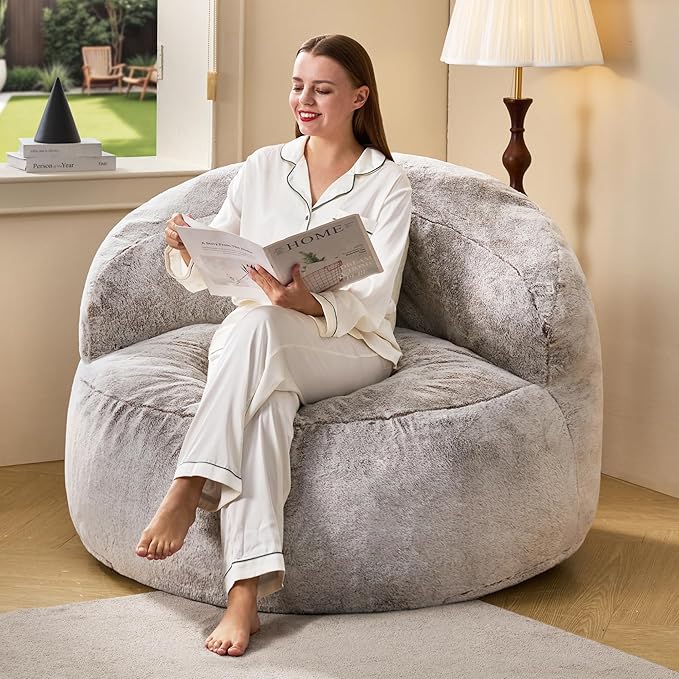 Hobestluk Bean Bag Chair Giant Bean Bag Chairs for Adults Big Bean Bag Chair with Memory Foam Filler Adults Large Beanbag with Faux Fur Cover for Bedroom (Plush Brown,Large)