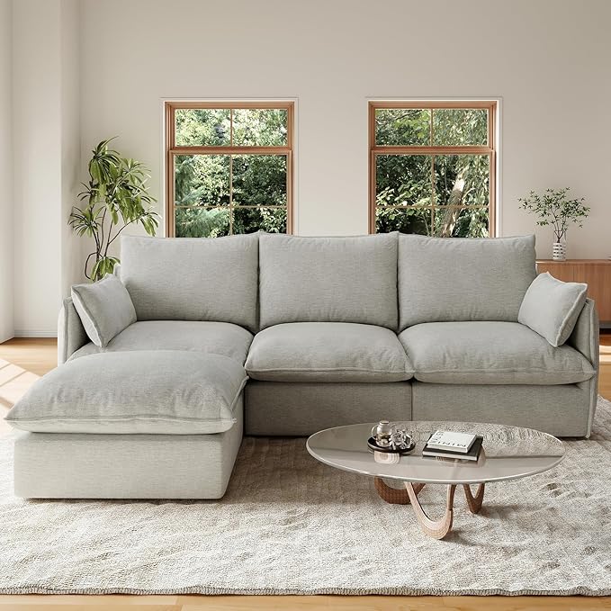 Forest aesthetics 94.5" L Shape Cloud Modular Sectional,4 Seater Waterproof High Backrest Sectional Sofas,Down Filled Modular Couch with Removable Washable Cover for Living Room,Light Gray