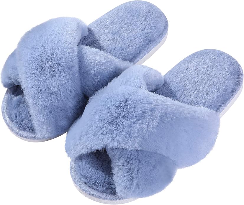 Evshine Women's Fuzzy Slippers Cross Band Memory Foam House Slippers Open Toe
