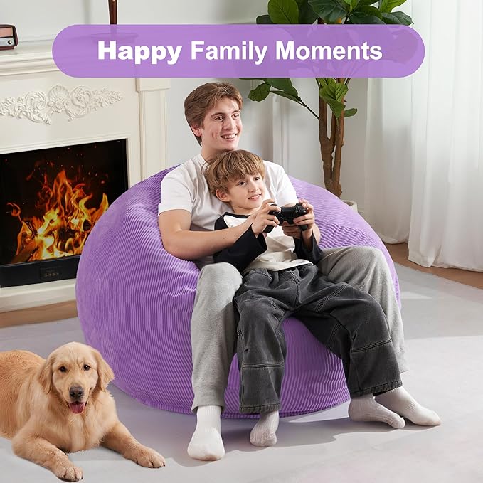 Homguava 3.5FT Bean Bag Chair: Teardrop Bean Bags with Memory Foam Filled, Compact Beanbag Chairs Soft Sofa with Corduroy Cover (Purple)