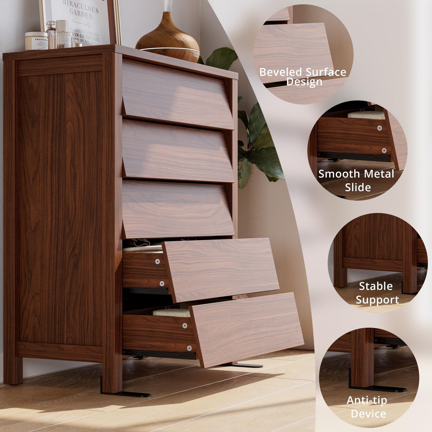 IRONCK 5 Drawer Dresser for Bedroom, Modern Chest of Drawers with Handleless Design, Wooden Tall Dresser Storage Cabinet Bedroom Furniture for Living Room, Hallway, Closet, Walnut