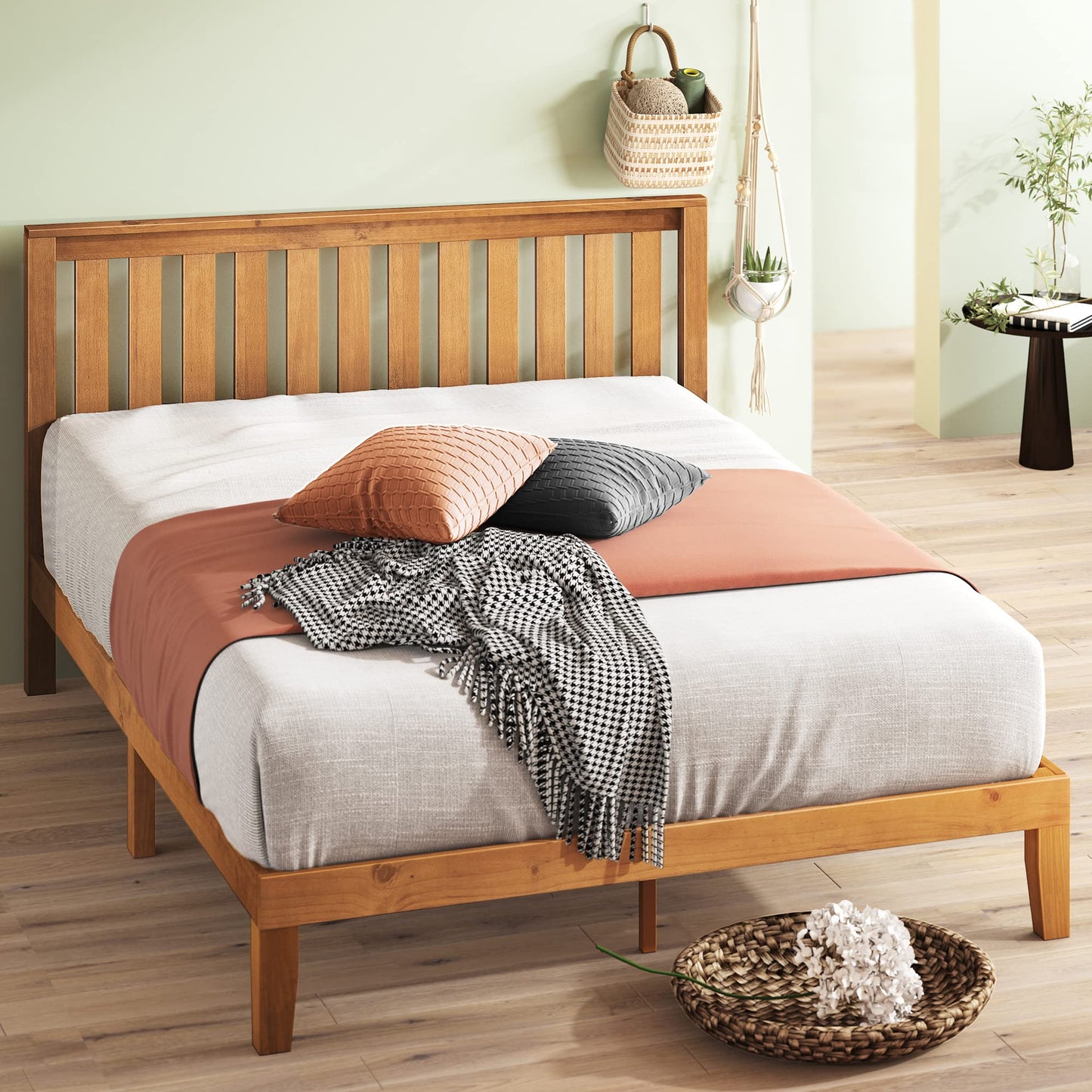 Zinus 12 Inch Solid Wood Platform Bed with Headboard/No Box Spring Needed/Wood Slat Support/Rustic Pine Finish, Queen