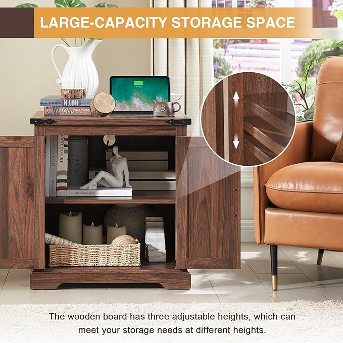 Barnyatoh Farmhouse End Table with Charging Station,Large Side Table with Barn Door, Rustic Wood Square Nightstand Bedside Table with Adjustable Storage Shelf for Living Room, Bedroom,Walnut 2-Pack