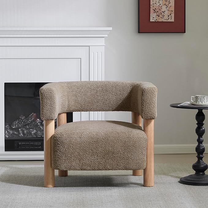 Christopher Knight Home Carly Low Profile Accent Chair, Round Backrest Side Chair, Living Room Armchair with Boucle Fabric Cushion,Comfy Reading Chair for Bedroom,Wooden Single Lounge Sofa,Light Camel