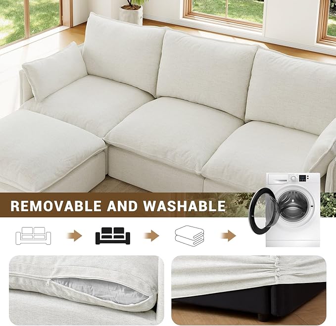 Forest aesthetics Cloud Modular Sectional,3 Seater Waterproof High Backrest V Shape Sectional Sofas,Down Filled Modular Couch with Removable Washable Cover for Living Room,Cream White
