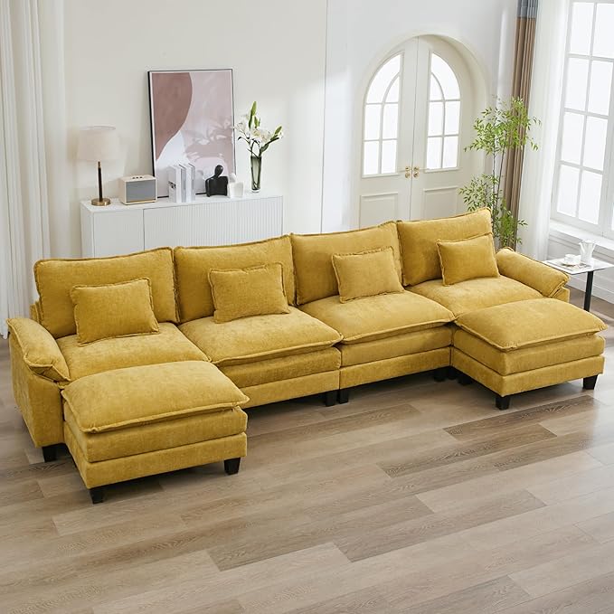 URRED Cloud Couch Modular Sectional Sofa, 157" Modern U Shaped Deep Seat Sofa with 2 Ottomans & Pillows, Ultra Comfy Chenille Couches for Living Room, Bedroom or Apartment, Yellow