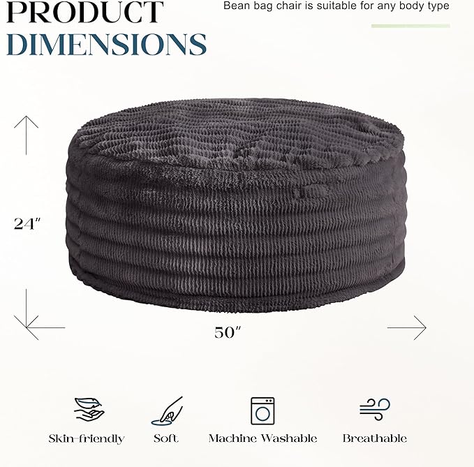 Hobestluk Bean Bag Chairs Beanbag Chair with Filler Adult Bean Bags with Fluffy Ripple Cover, Giant Bean Bag Chairs for Adults (Dark Grey, 5FT - 50" x 50" x 24")