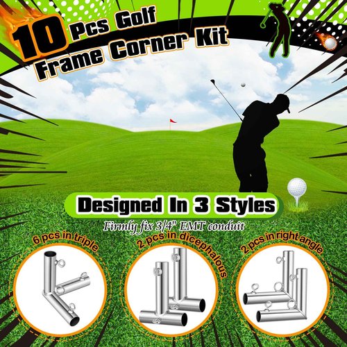 Blulu 10 Pieces 3/4'' Golf Frame Corner Kit DIY Canopy Fittings with Threaded Eye Bolts for EMT Conduit 10' l x 10' W x 10' H Practice Cages and Nets Backyard Indoor Outdoor Home, Silver