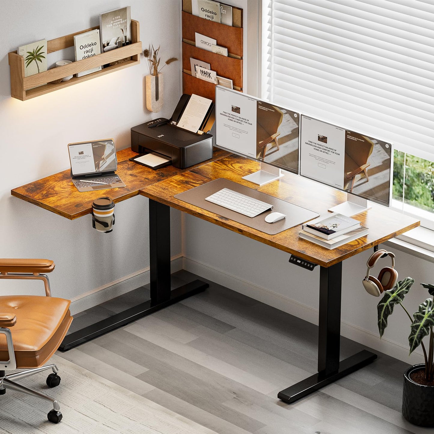 Muvai 59 Inch L Shaped Standing Desk Adjustable Height with Cable Management Tray,Gaming Electric Corner Standing Desk, Sit Stand Computer Table with Reversiable Splice Board,Rustic Brown