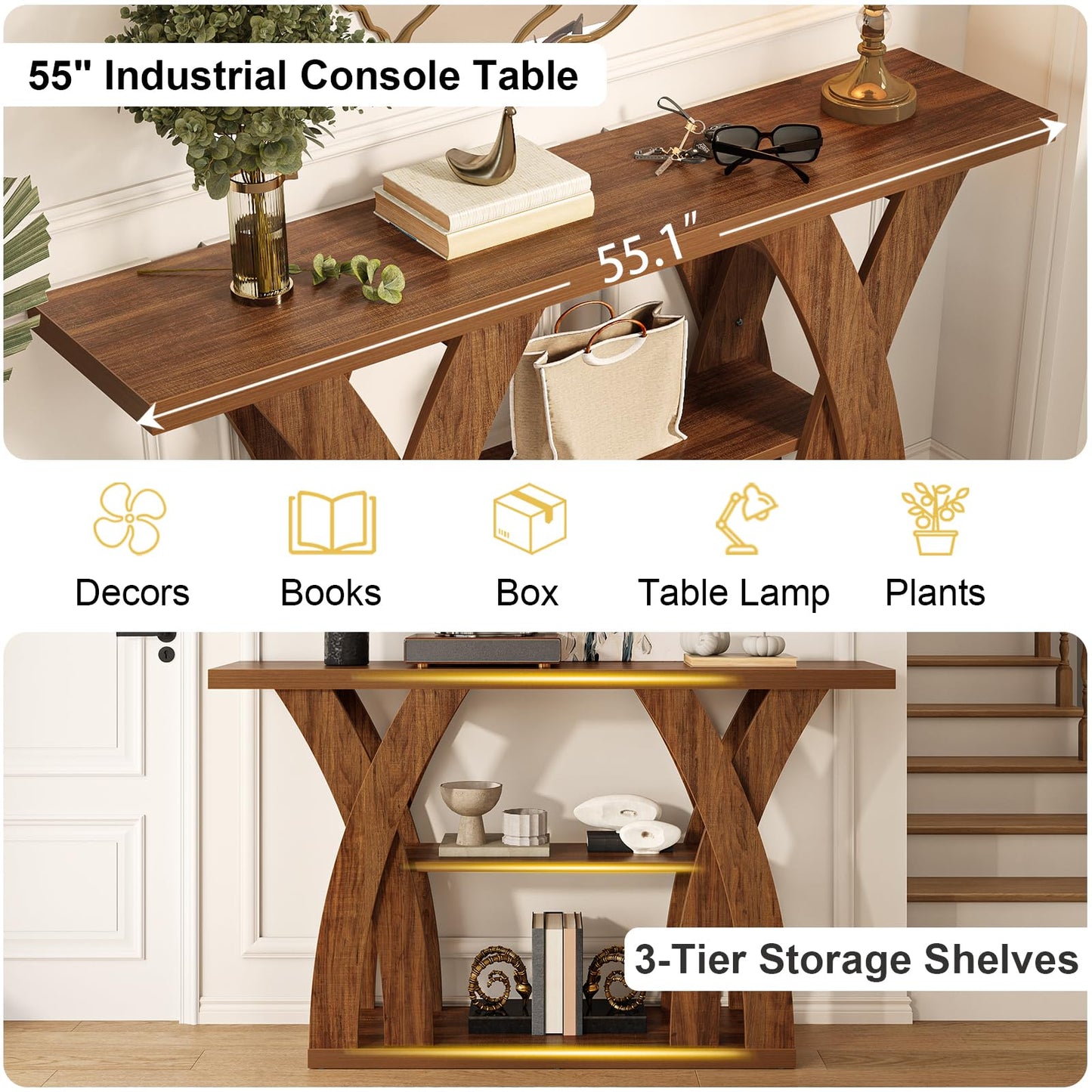 Tarnorci Console Tables, 55‘’ Narrow Walnut Console Table 3-Tier Farmhouse Wood Entryway Table for Living Room, Hallway, Foyer (Brown)