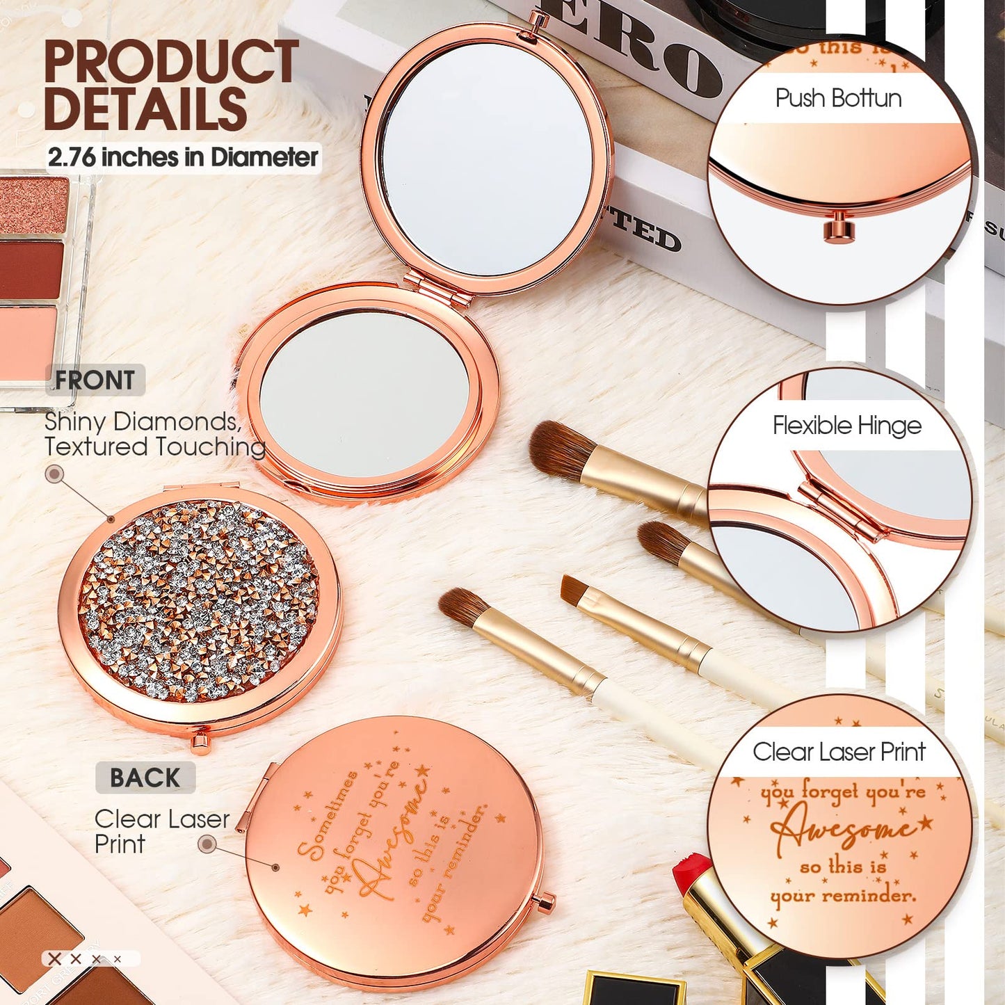 Roowest 10 Pcs Inspirational Compact Mirror Sometimes You Forget You're Awesome Appreciation Gifts for Women Group Employee Coworker Housekeeping Thank You Favors Magnifying Pocket Mirror (Rose Gold)