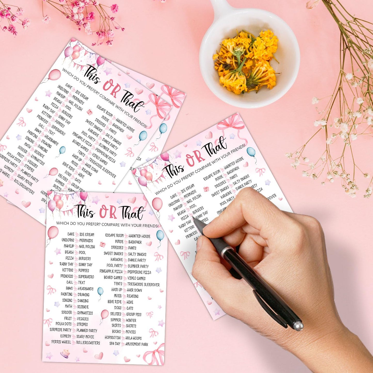 Pink Slumber Party Games Card -Sleepover Stuff- Coquette Pink Bow Themed Sleepover Slumber Party Supplies- Birthday Night Games Creative Idea -This or That- 20 Game Cards