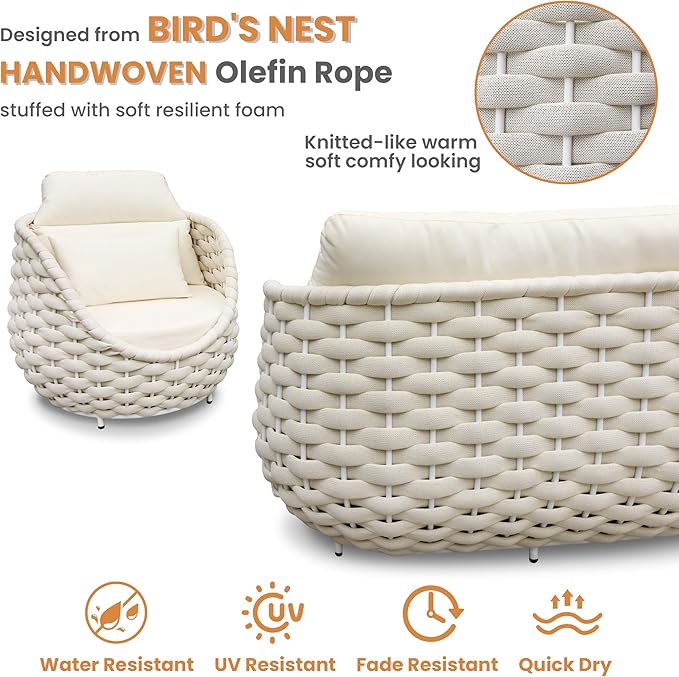 Erotr Woven Rope Outdoor Sofa Set: 6 Pieces Aluminum Patio Conversation Set Assembled - All Weather Cushioned Porch Furniture Couch - Modern Metal Lounge Set for Deck Yard Resort Hotel Sunroom, Beige
