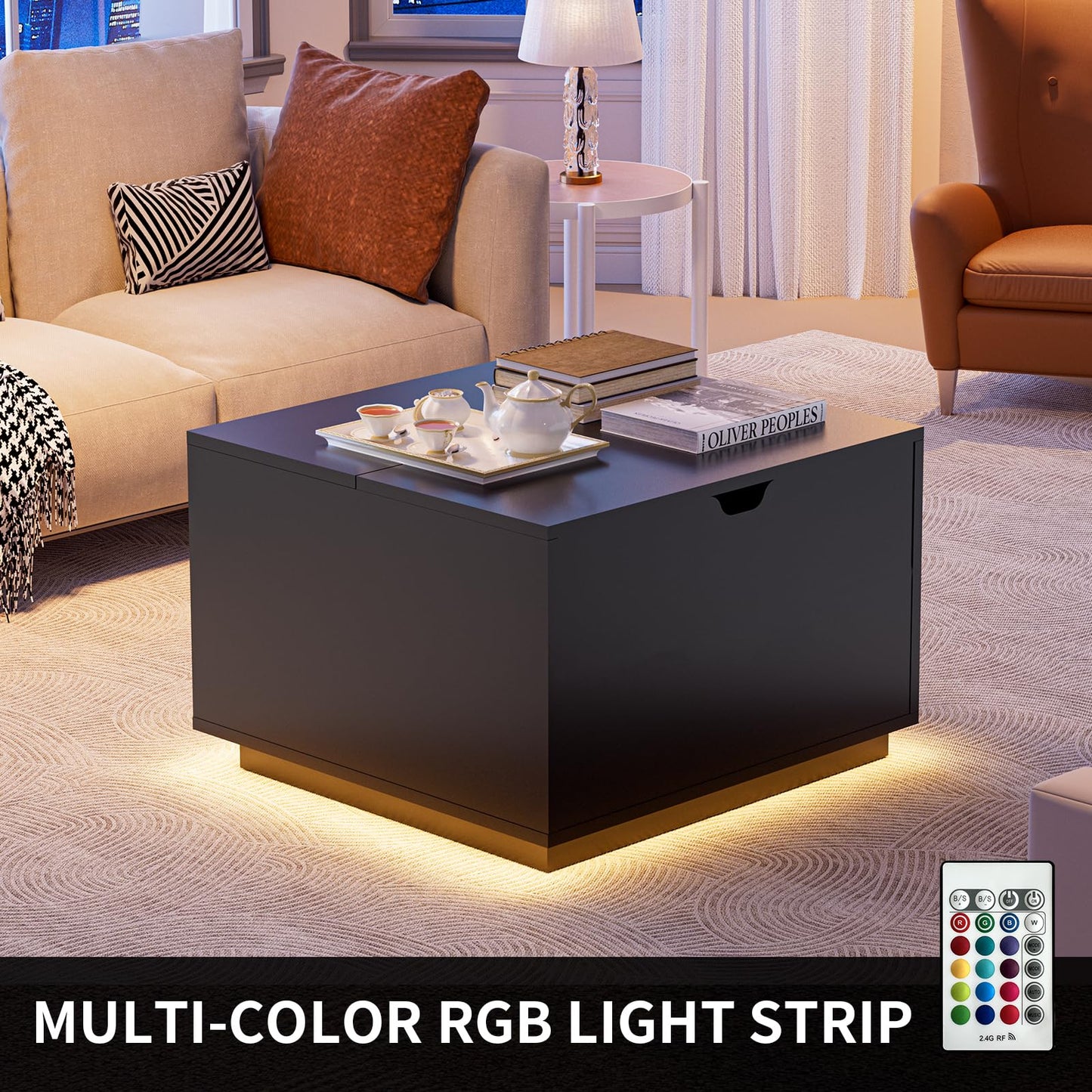 Etemnozon Lift Top LED Coffee Table with Storage,31.5" High Gloss Square Coffee Table with Large Hidden Storage, Living Room Table Wood Center Table for Living Room Home Office,Black