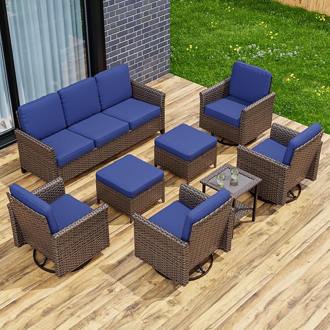 COOS BAY Harbor Retreat 8 Piece Outdoor Furniture Set, Patio Conversation Set with 4 Swivel Rocking Chairs, 3 Seat Couch, Side Table & Ottomans, Wicker Furniture, Brown/Blue