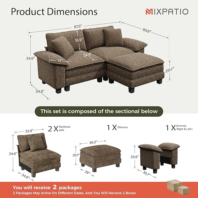 87-Inch L Shaped Sectional Sofa with Cloud Cushions, Deep Seat Modular Couch Set w/ 3 Seats & 1 Ottomans, Removable Arms, Plush Chenille Upholstery for Living Room, Apartment - Taupe