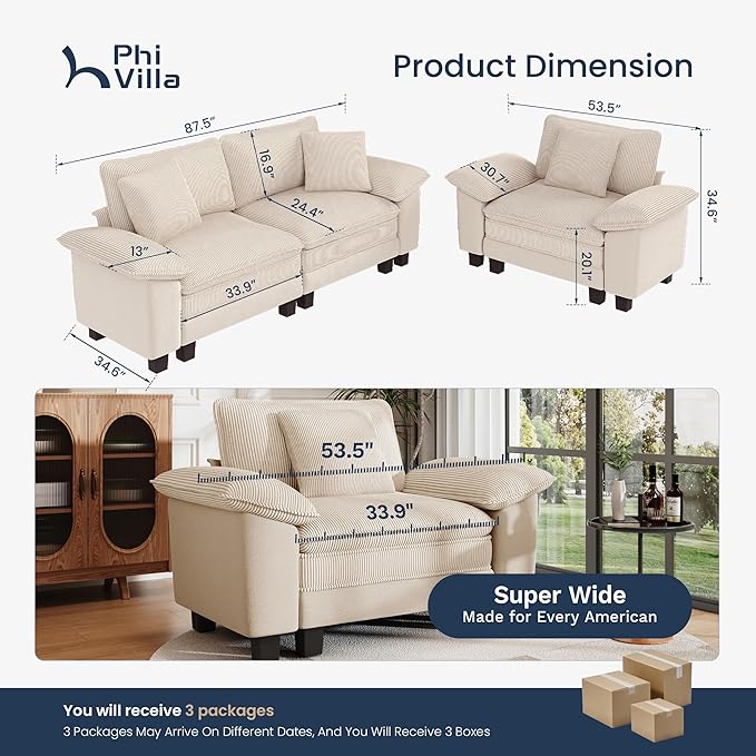 PHI VILLA Cloud Modular Couches Sets, 2 Pieces Sectional Sofa Set with Loveseat, 3-Seater Comfy Couch for Living Room Small Spaces, Chenille Corduroy Dual Fabric, Beige