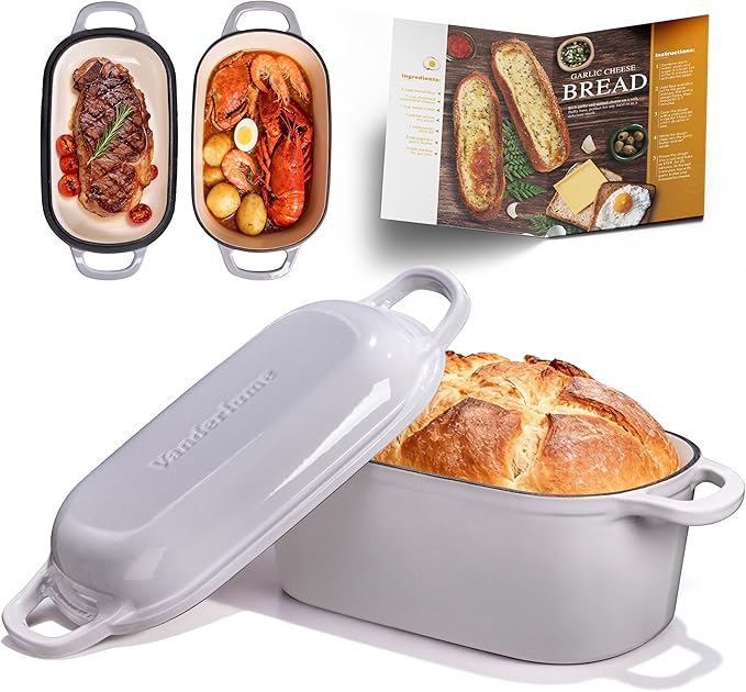 4.6-Quart Oval Dutch Oven for Bread Baking, 2 in 1 Enameled Cast Iron Bread Pan with Lid, Sourdough Bread Dutch Oven for a Crispy Crust, Oyster Grey