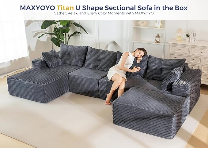 MAXYOYO 132" Giant U-Shaped Modular Sectional Couch, Modern Boneless Couch for Living Room, Sofa in A Box, Oversized Sofa Sleeper with Deep Seat, No Assembly Required, Dark Grey