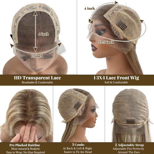 Belaved Lace Front Wigs Human Hair Highlight 13x4 Straight HD Transparent Real Human Hair Wig 150% Density Ombre Ash Brown to Blonde Glueless Lace Frontal for Women Pre Plucked 16 Inch