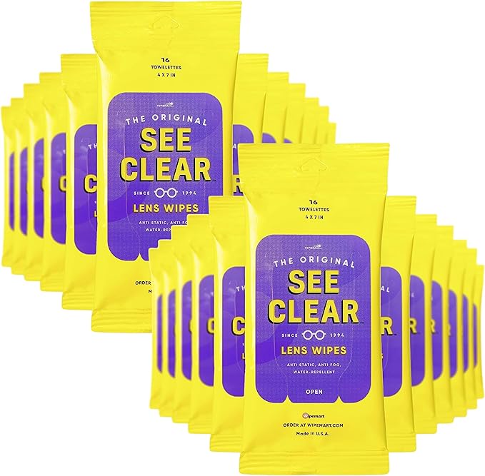 Wipemart See Clear Original Lens Cleaning Wipes - Pre-Moistened Eyeglass & Screen Cleaning Cloth Towelettes - Streak Free, Scratch Free Lens & Electronic Screen Cleaner - 24 Resealable Packs of 16