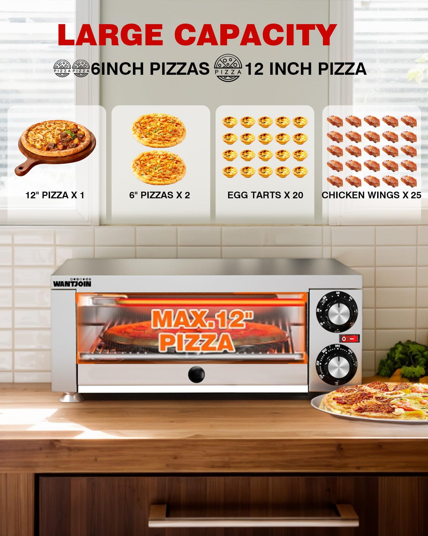 Wantjoin Pizza Oven Indoor - Electric Pizza Ovens Countertop Stainless Steel Commercial Pizza Maker Fits 12" Pizzas, With Timer Crumb Tray, 1100W, For Home, Bars, Food Trucks, Silver