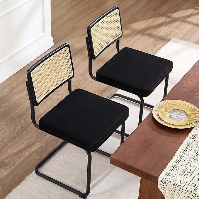 Zesthouse Rattan Dining Chairs Set of 6, Mid Century Modern Dining Room Chairs with Natural Cane Mesh & Black Base, Black Cesca Chair Velvet Fabric, Farmhouse Kitchen Chair with Solid Wood Frame Back