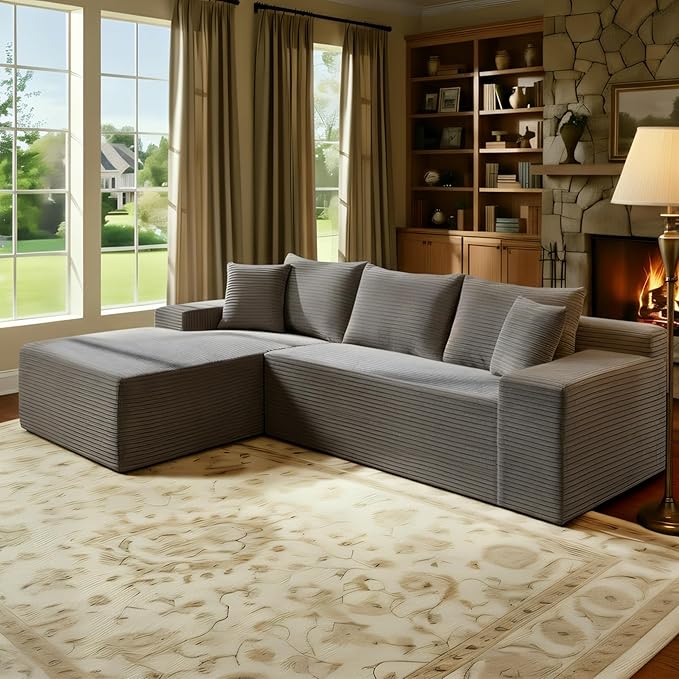 105’’ L-Shape Modular Sectional Sofa with Chaise, Convertible Cloud Couch, Corduroy Fabric & High-Density Memory Foam, No Assembly Required for Living Room (Grey, Left Facing Chaise)