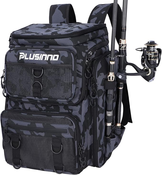 PLUSINNO Fishing Backpack with Rod Holders Tackle Box, 42L Large Water-resistant Fishing Tackle Bag Store Fishing Gear