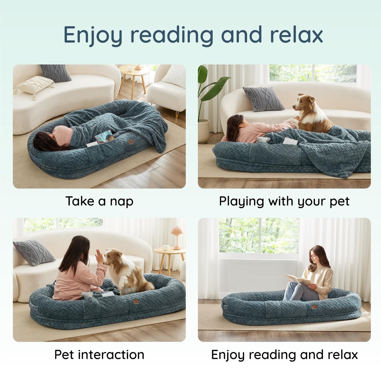 ChiXnuggle Human Dog Bed for Adult - Luxury Faux Fur Giant Size Dog Bed with Portable Handle, Egg Orthopedic Foam Bed with Blanket, 72"x40"x10", Grayish Blue