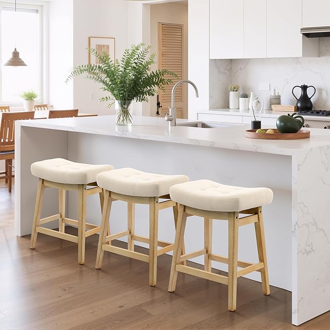 Counter Height Bar Stools Set of 3 for Kitchen Counter, Backless Farmhouse Island Short Barstools No Back with Padded Fabric Saddle Seat & Solid Wood Legs Modern 24 inch Counter Top Bar Chairs, Khaki