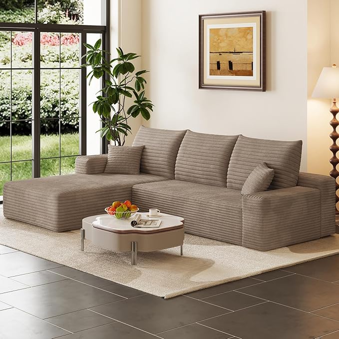 95" Cloud Sectional Couch with L-Shape Chaise, Modern Corduroy Boneless Couch for Living Room,Memory Foam Sofa with Deep Seat,No Assembly Required (Camel,Left-Facing Chaise)