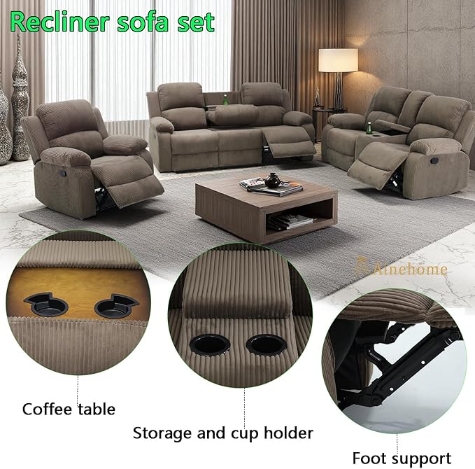 A Ainehome Manual Recliner Sofa Set with Storage, 3 Pieces Living Room Furniture Sets, Corduroy Sofa Sets Reclining Couch Loveseat and Chair Furniture Set for Living Room/Rv/House/Office, Taupe