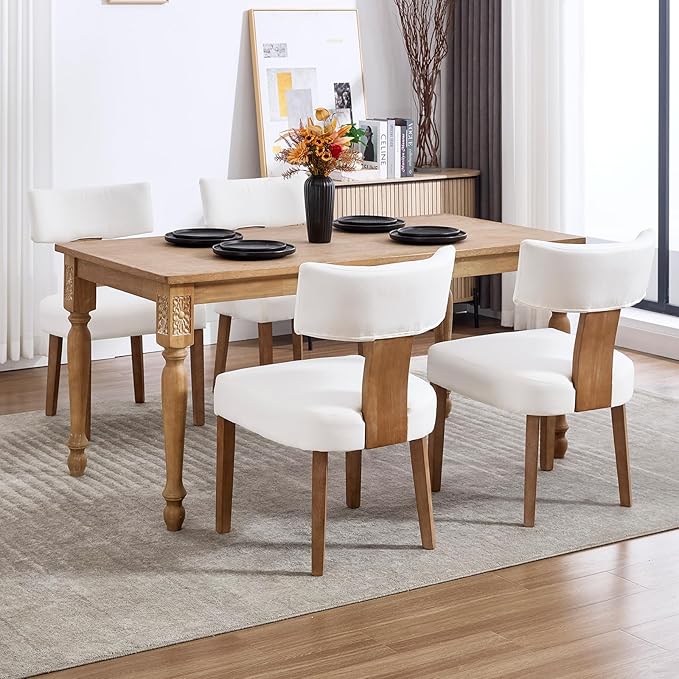 KHISCHMO Mid Century Modern Dining Chairs, Upholstered Linen Fabric Chairs with Curved Backrest and Wood Legs, Comfy Kitchen Vanity Chairs for Dining Room/Living Room/Kitchen, Set of 6 Cream