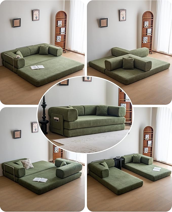 No Assembly Convertible Sofa Bed & 79" Boneless Couch with Pocket , 5-in-1 Futon Sofa Bed with 2 Pillows Modular Pull Out Couch Bed with Frame,Compression in Box for Living Room Small Spaces Green