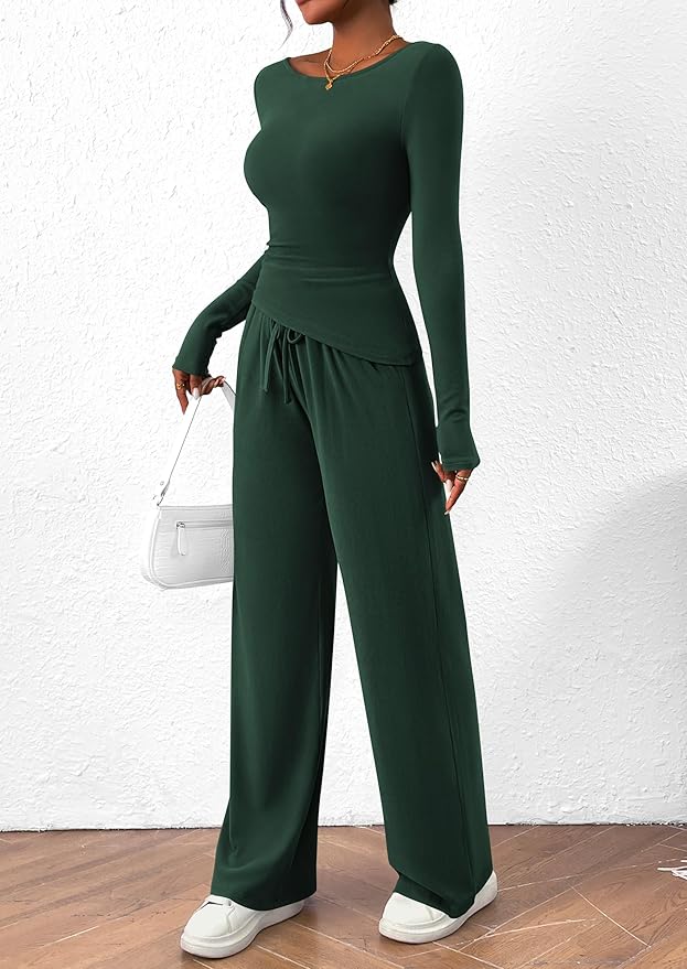 PRETTYGARDEN Women's 2 Piece Lounge Sets Asymmetrical Long Sleeve T Shirt Wide Leg Pants Casual Outfits Tracksuit