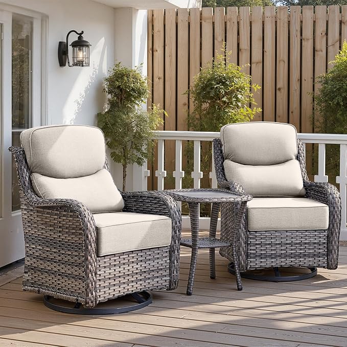Belord Luxury 6" Thick Cushioned Outdoor Swivel Rocker Patio Chairs with Side Table, High Back Wicker Furniture Set with Ergonomic Zone Back, Conversation Glider Set for Deck Porch - Grey+Beige