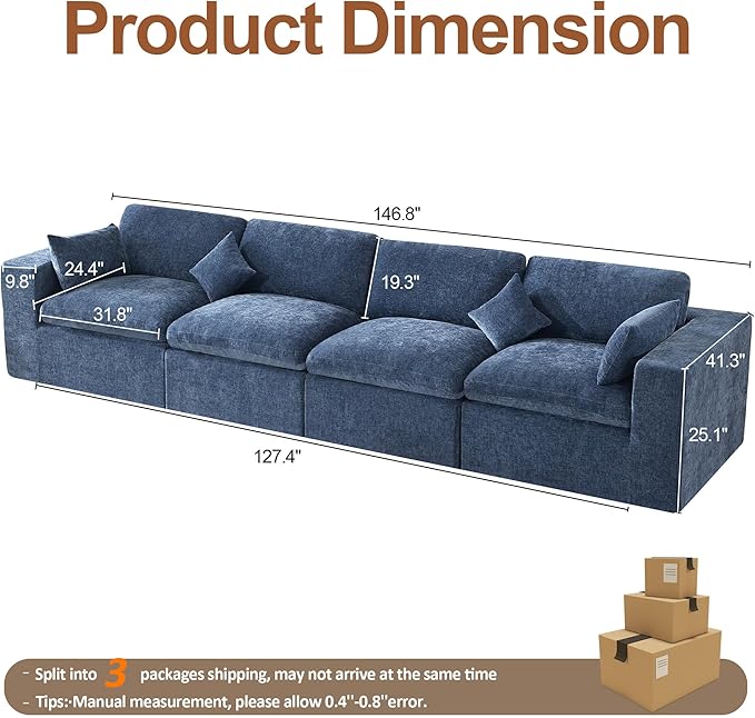 155''Cloud Boneless Sectional Couch, Modular Sectional Sofa Deep Seat, Oversized Upholstered Convertible Comfy 4 Seater Chenille Memory Foam Sofa Couches for Living Room, Blue